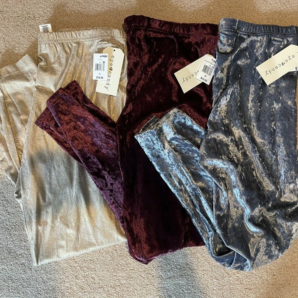 Eye Candy Metallic Iced Velvet Leggings Blue 1X Gold XL and Red 3X Pants